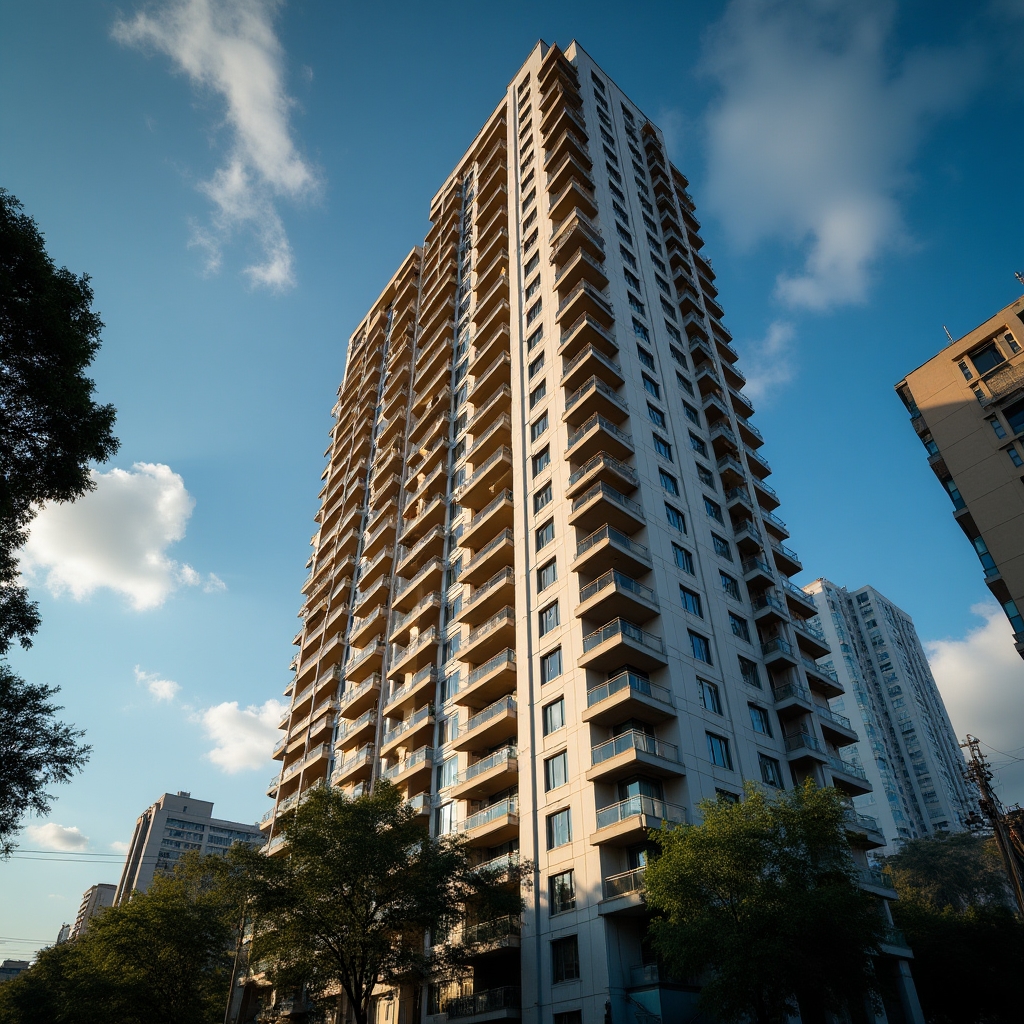 High-rise apartment tower photographed from street level showing full facade and surrounding urban context