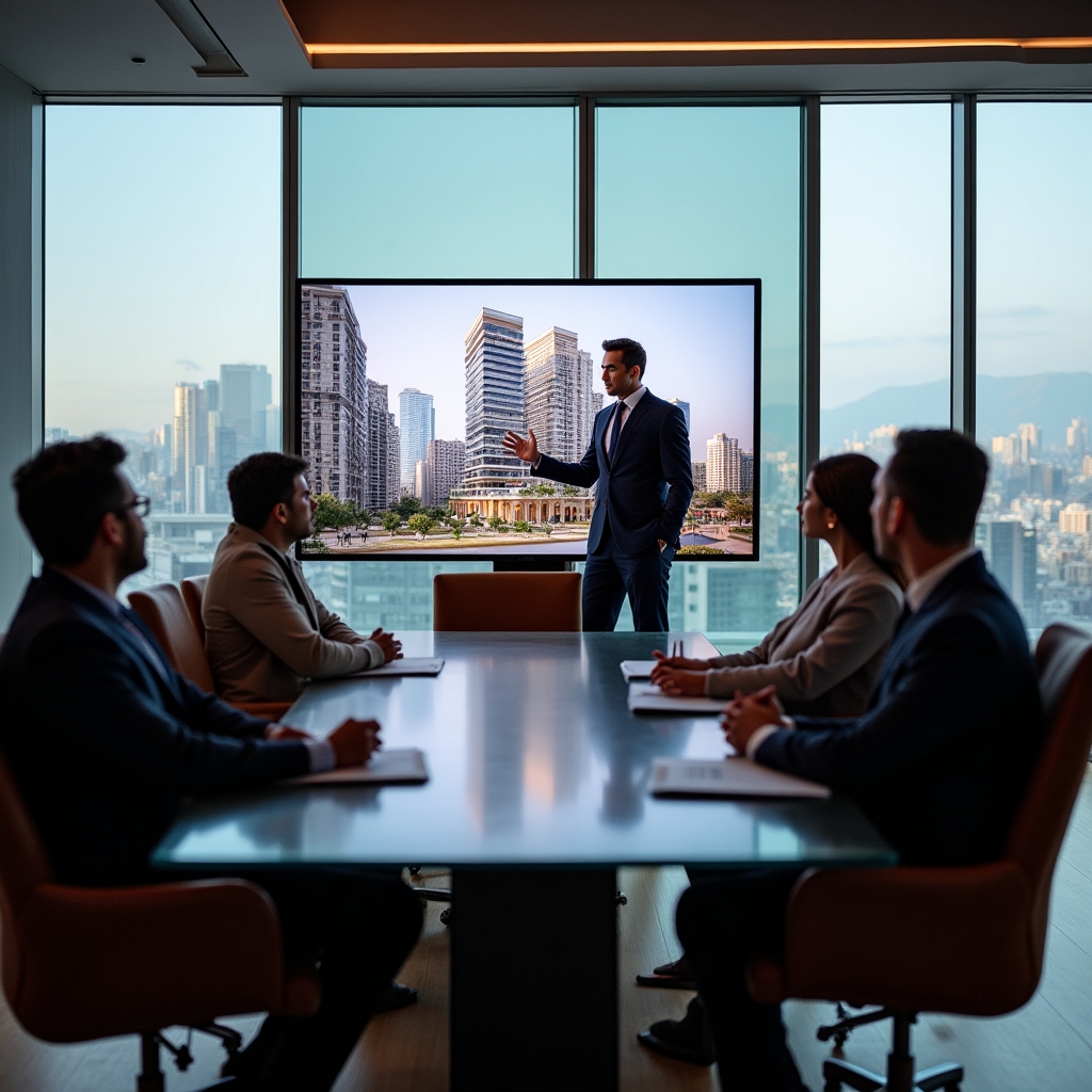 Architect presenting high-quality project photography on large screen to a group of investors in a modern boardroom