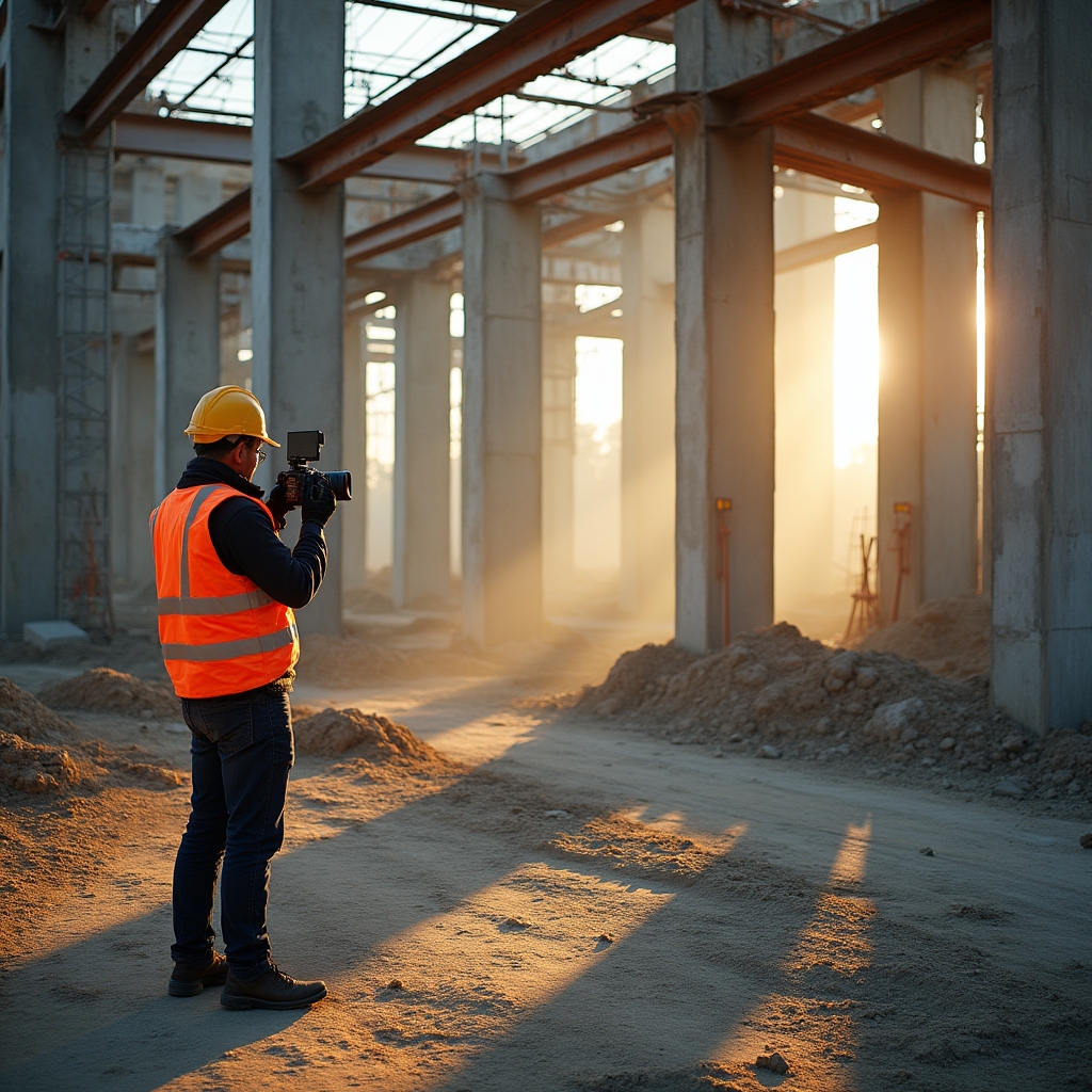 Construction site with structural framework visible, professional photography documenting building progress