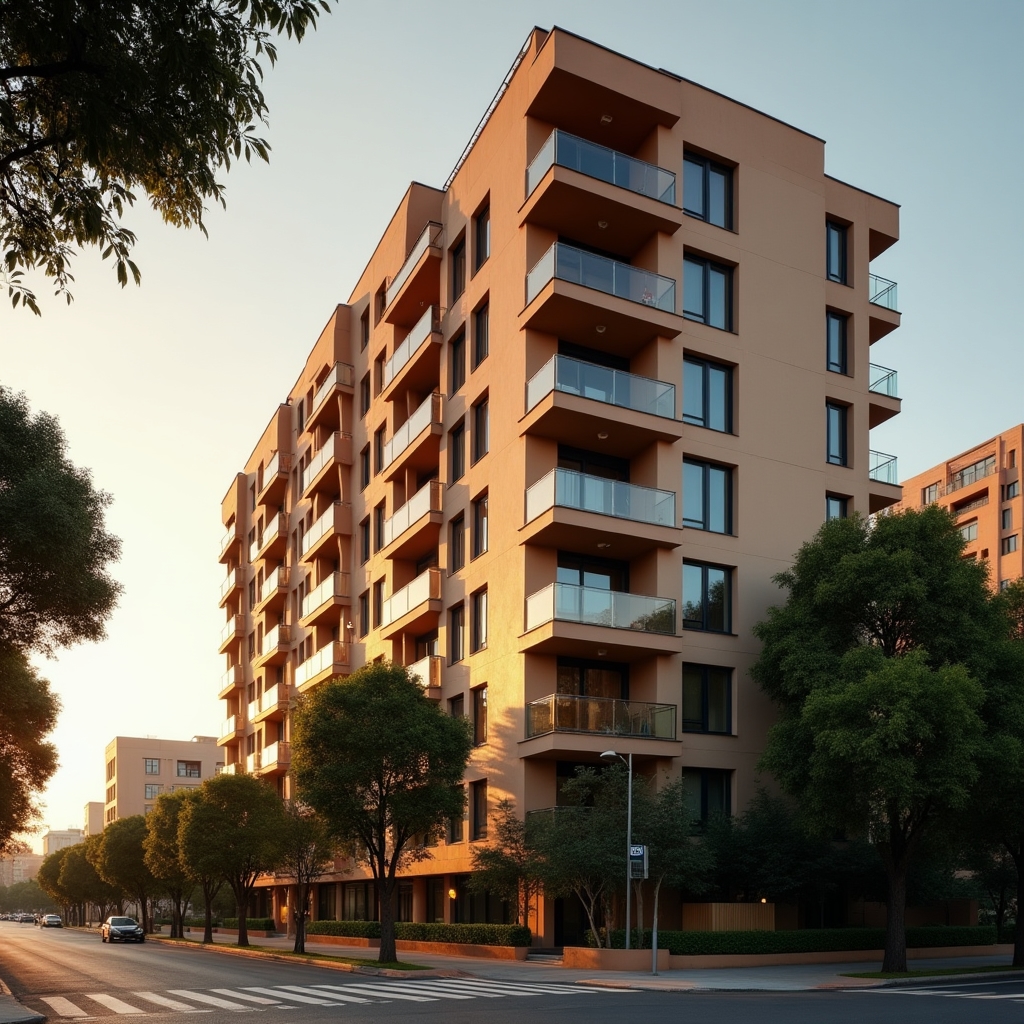 Modern residential development photographed at golden hour in Santiago, Chile