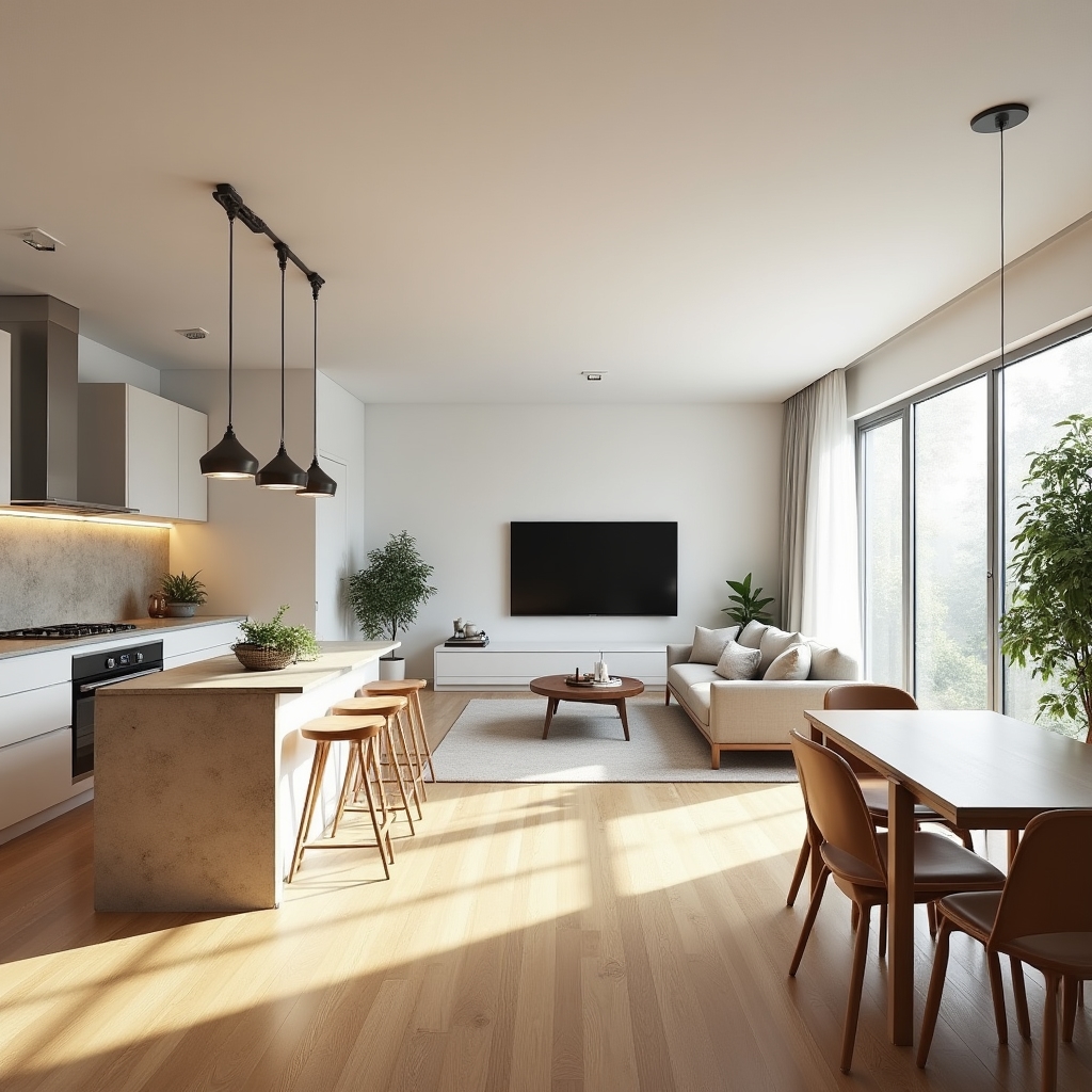 Bright modern apartment interior with living room and kitchen, captured for 360 virtual tour with warm natural light