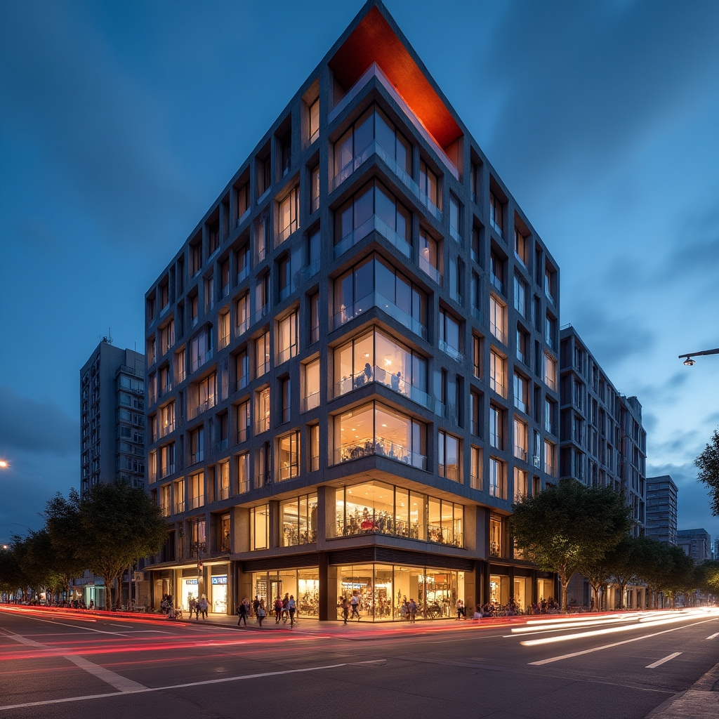 Mixed-use development building with commercial ground floor and residential upper levels, photographed at dusk with interior lights visible