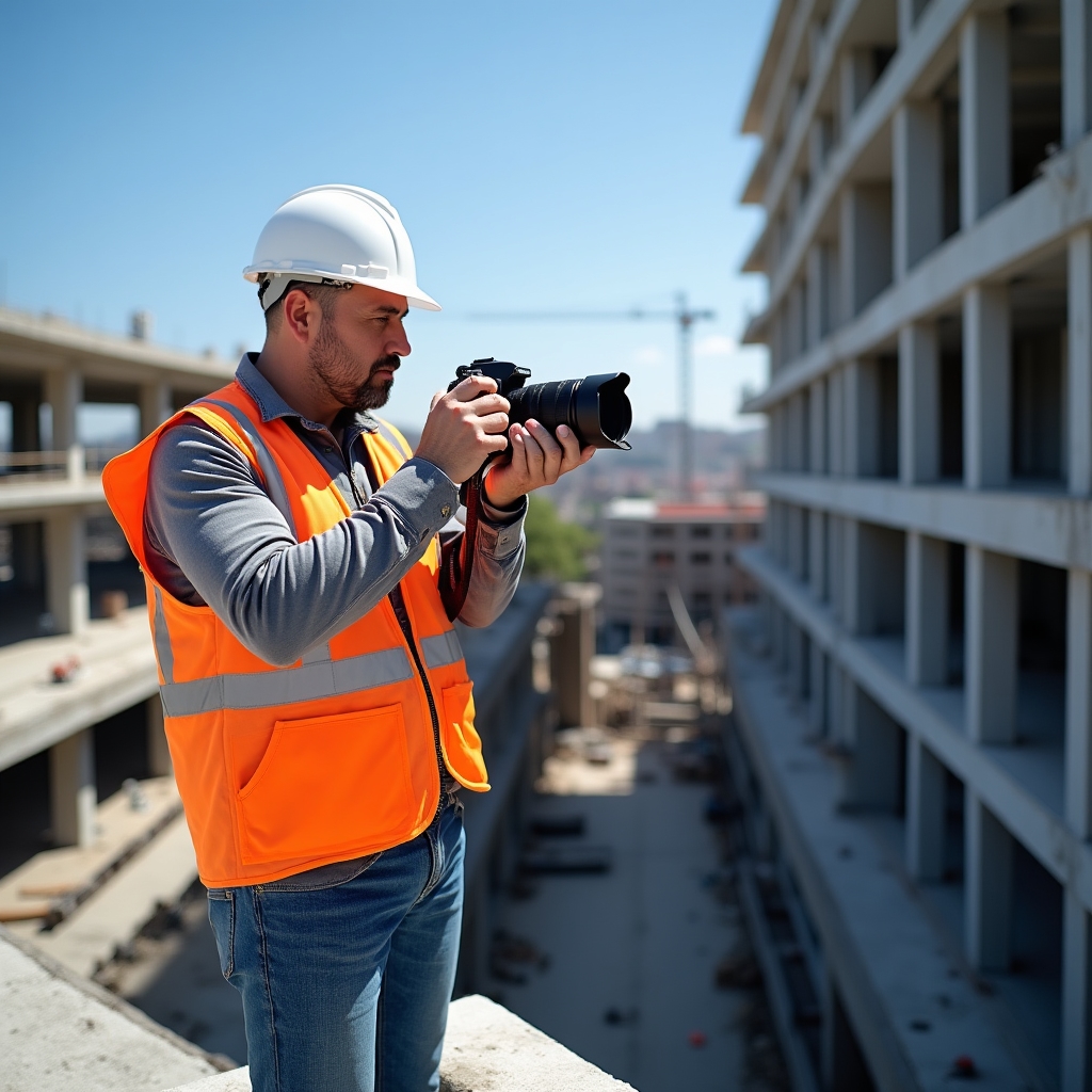 Professional photographer wearing safety equipment on an active construction site, photographing structural elements with professional camera equipment