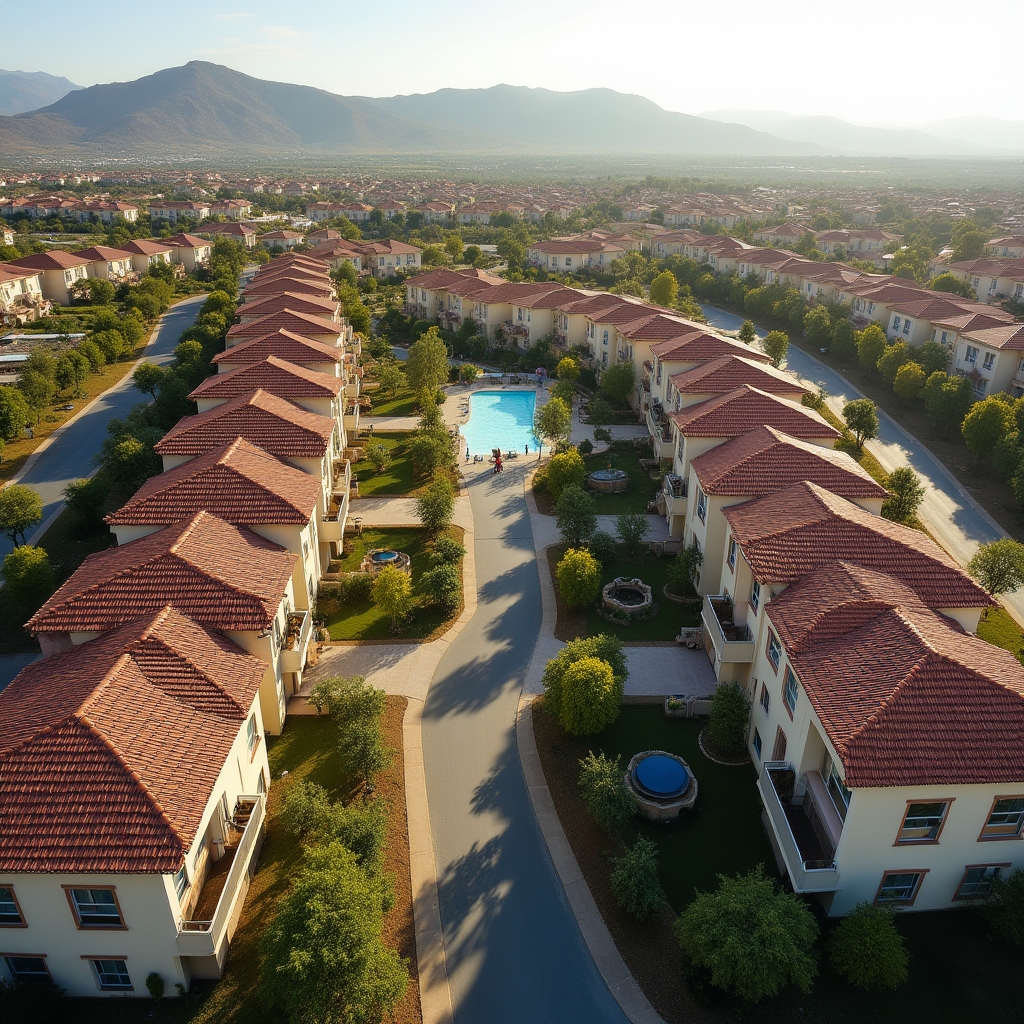 Aerial drone photograph of a residential community showing houses, green spaces, and road layout from above