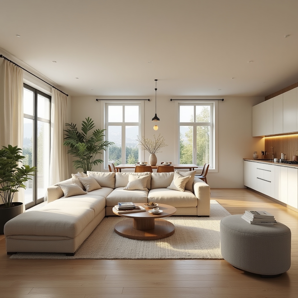 Interior of a presale apartment unit with virtual tour interface overlay showing navigation controls